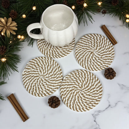 Fall Fabric Coasters Gia Roma set of 4 round tan and white jute rope coasters on Tampa Home & Garden Store
