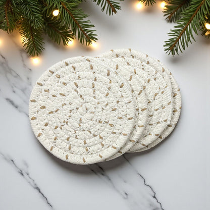 Fall Fabric Coasters by Gia Roma, circular white woven with natural tan flecks, set of 3 on Tampa Home & Garden Store