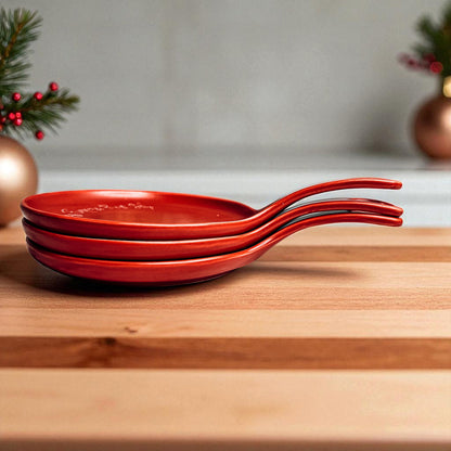 Gia Roma Holiday Hot Mess Stop red ceramic spoon rests, 3-piece stack with curved handles on Tampa Home & Garden Store