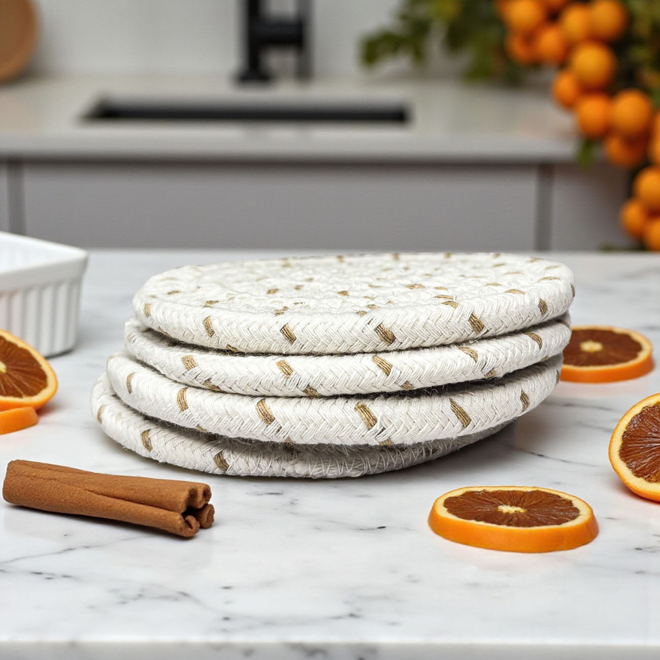 Fall Fabric Coasters set of 3 by Gia Roma, cream woven with gold accents on Tampa Home & Garden Store