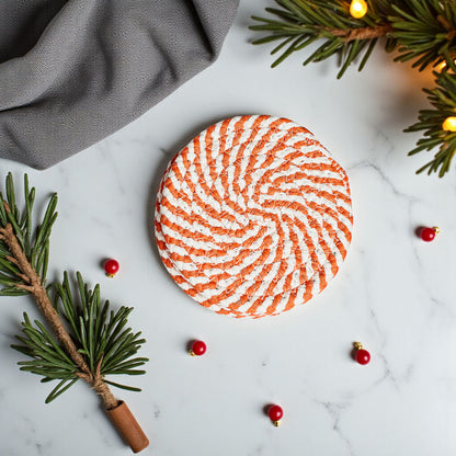 Fall Fabric Coasters Gia Roma, round orange and white woven design on Tampa Home & Garden Store