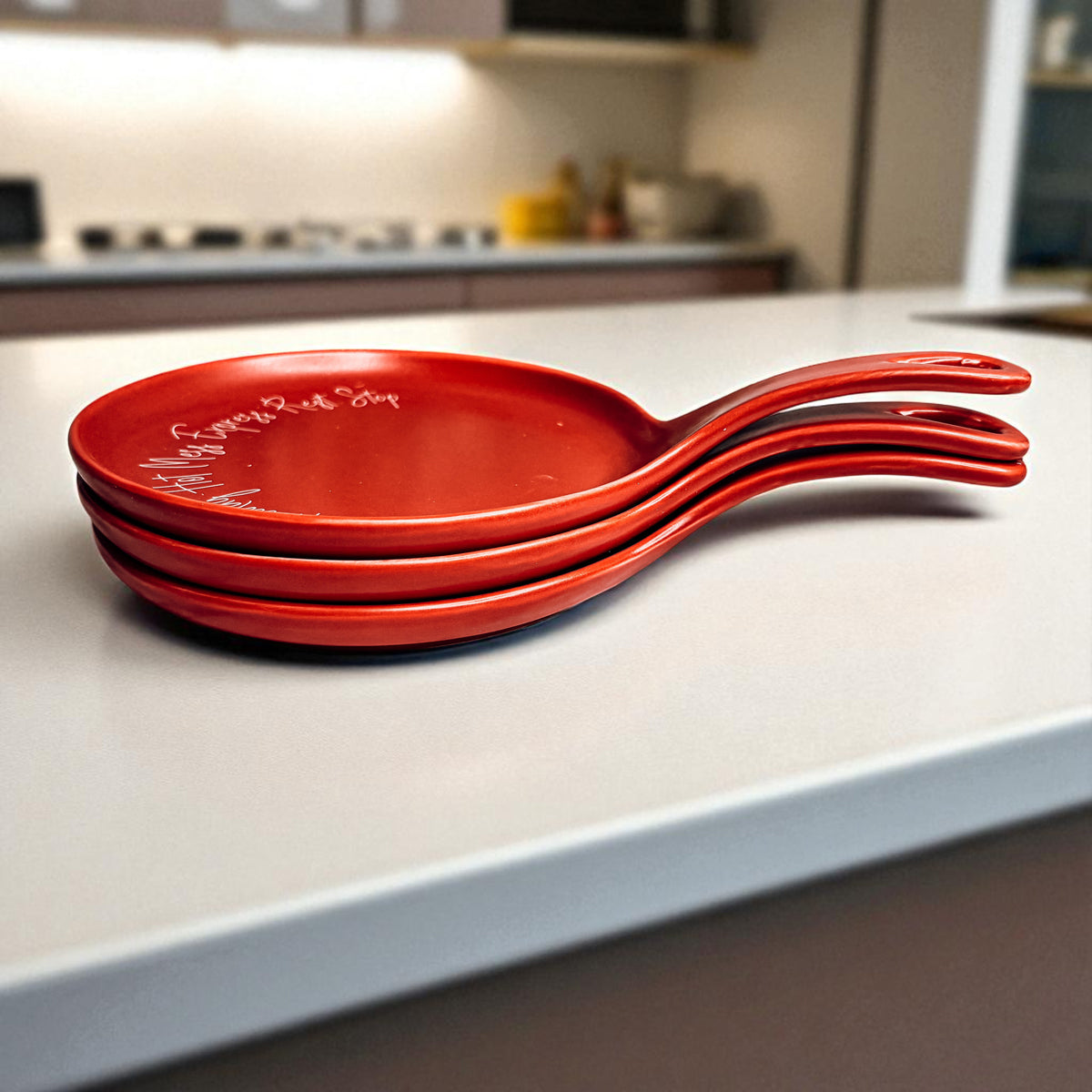 Spoon rests Gia Roma Deck the Halls & Carbs, red ceramic 3-piece stack for kitchen counter on Tampa Home & Garden Store