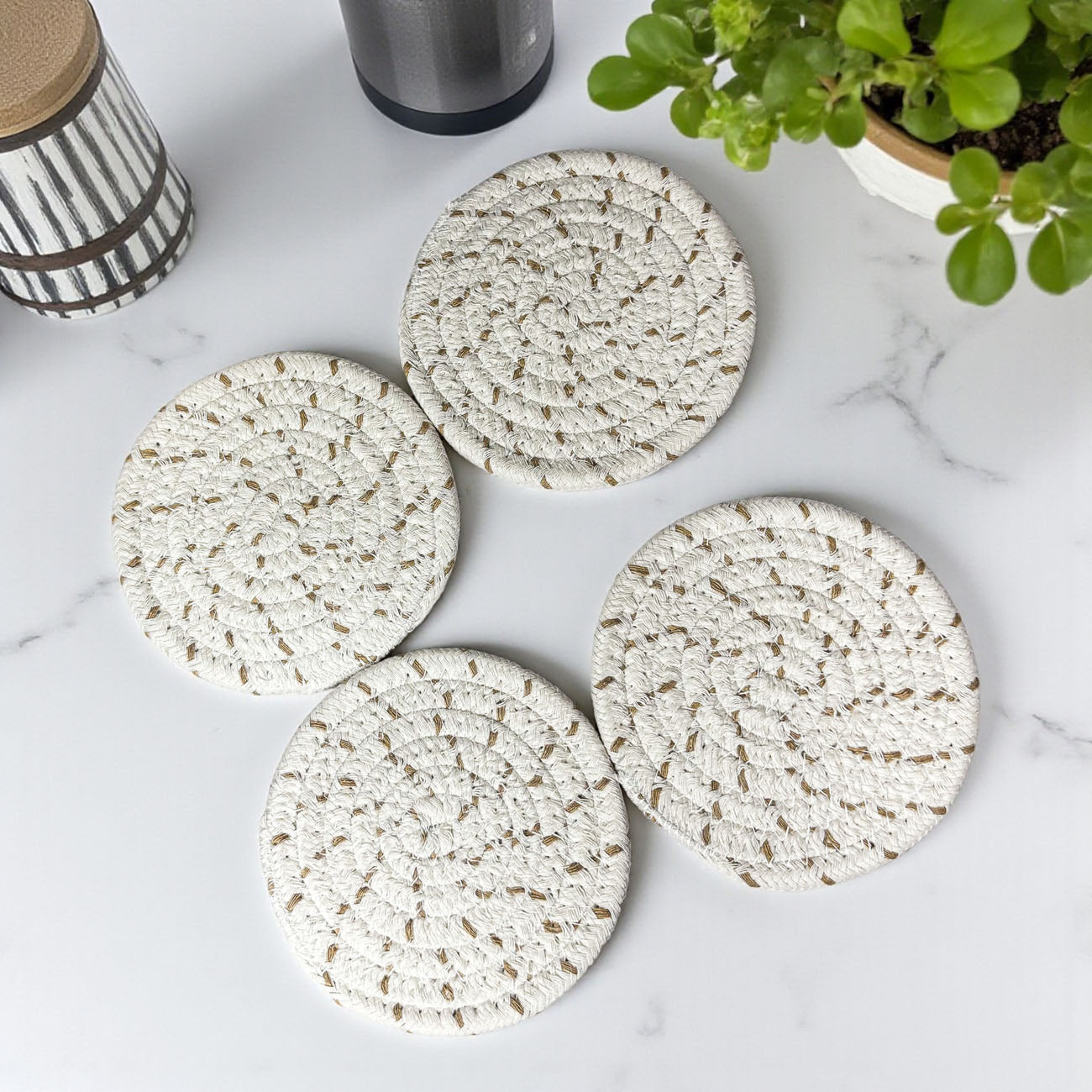 Fall Fabric Coasters Gia Roma; set of 4 round woven white natural-fiber coasters on Tampa Home & Garden Store