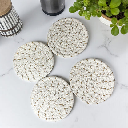 Fall Fabric Coasters Gia Roma; set of 4 round woven white natural-fiber coasters on Tampa Home & Garden Store