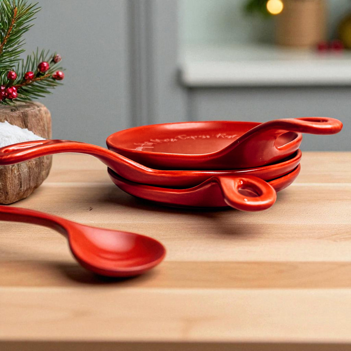 Holiday Hot Mess Stop red ceramic spoon rests set of 3 with curved handles on Tampa Home & Garden Store