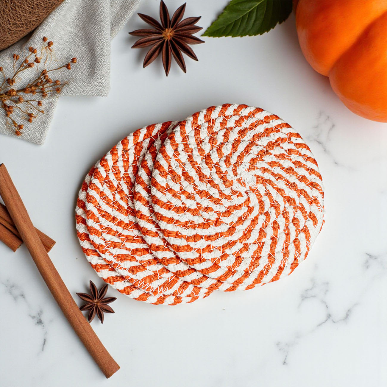Fall Fabric Coasters by Gia Roma, orange and white woven rope, set of 2 on Tampa Home & Garden Store