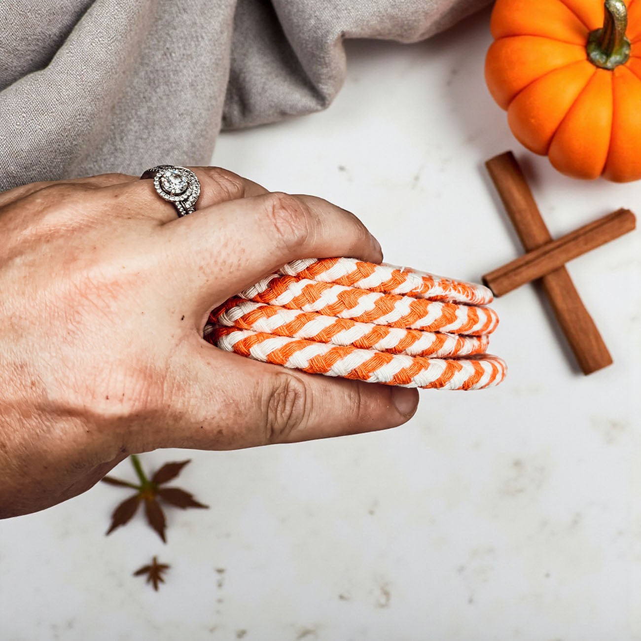 Fall Fabric Coasters, Gia Roma braided orange and white fabric set of 3 on Tampa Home & Garden Store