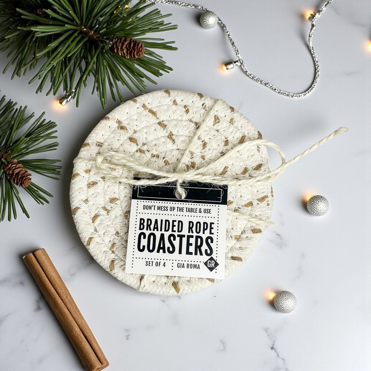 Fall Fabric Coasters round braided rope natural beige Gia Roma set of 4 on Tampa Home & Garden Store