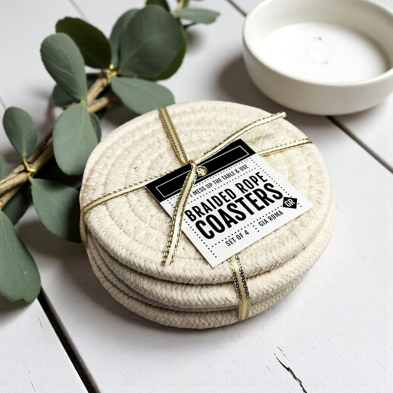 Fall Fabric Coasters Gia Roma, braided rope, cream color, set of 4 on Tampa Home & Garden Store