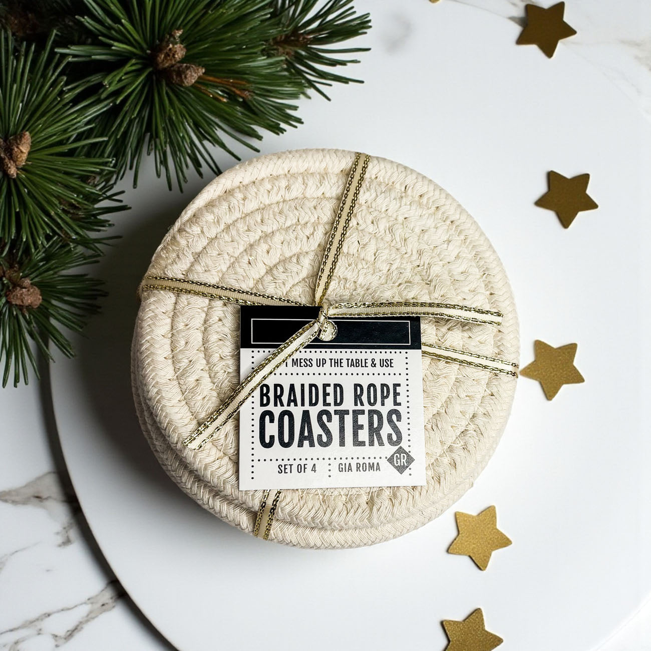 Fall Fabric Coasters by Gia Roma, braided rope round coasters in beige, set of 4 on Tampa Home & Garden Store