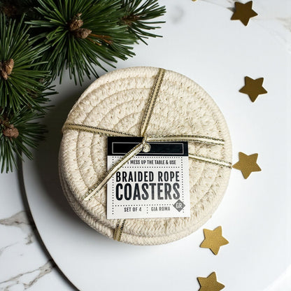 Fall Fabric Coasters by Gia Roma, braided rope round coasters in beige, set of 4 on Tampa Home & Garden Store
