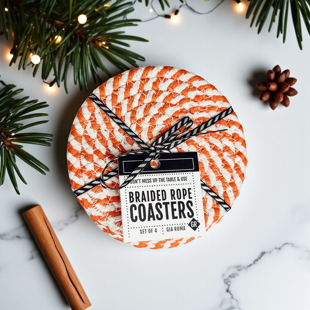 Coaster set Gia Roma braided rope coasters orange and ivory, set of 4 on Tampa Home & Garden Store