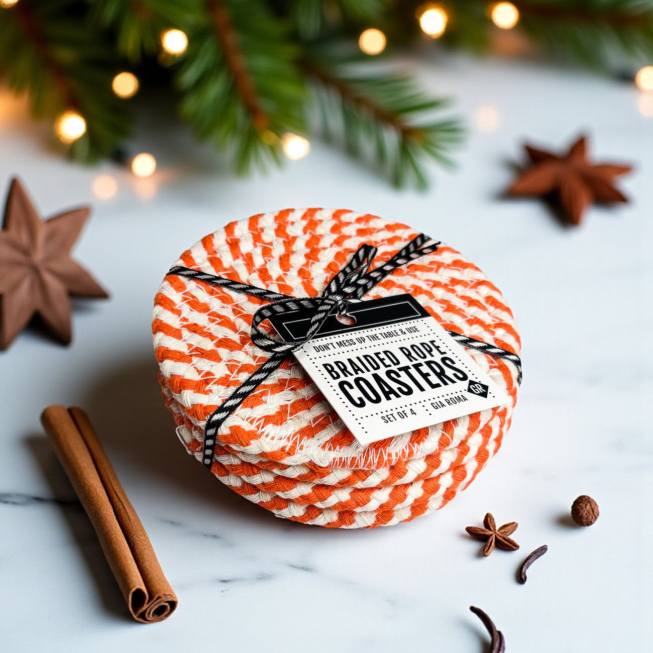 Fall Fabric Coasters set of 4, orange and white braided rope, Gia Roma on Tampa Home & Garden Store