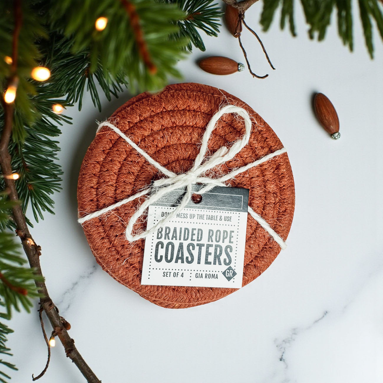 Braided Rope Coasters set of 4 round rust-orange with white twine bow Gia Roma on Tampa Home & Garden Store
