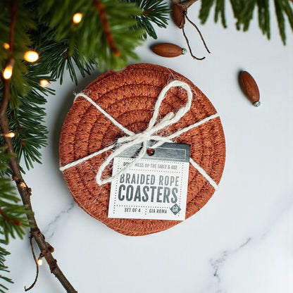 Braided Rope Coasters set of 4 round rust-orange with white twine bow Gia Roma on Tampa Home & Garden Store