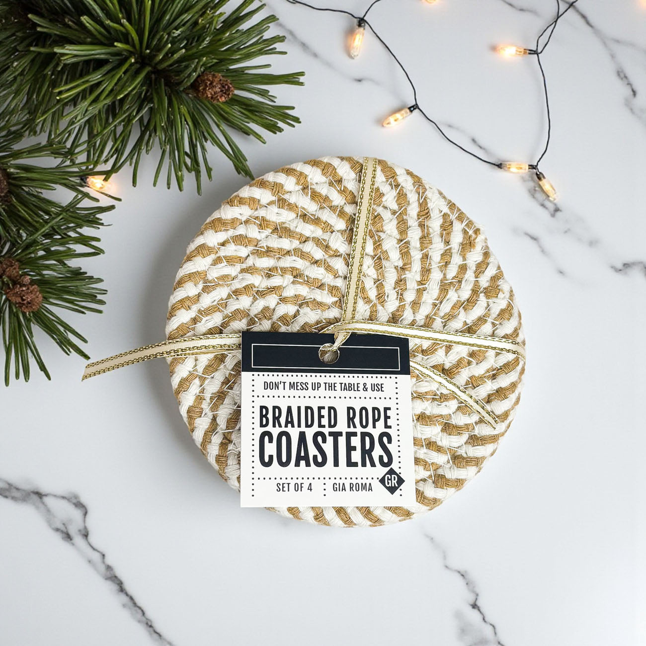 Fall Fabric Coasters by Gia Roma, braided rope design in beige/cream, set of 4 on Tampa Home & Garden Store