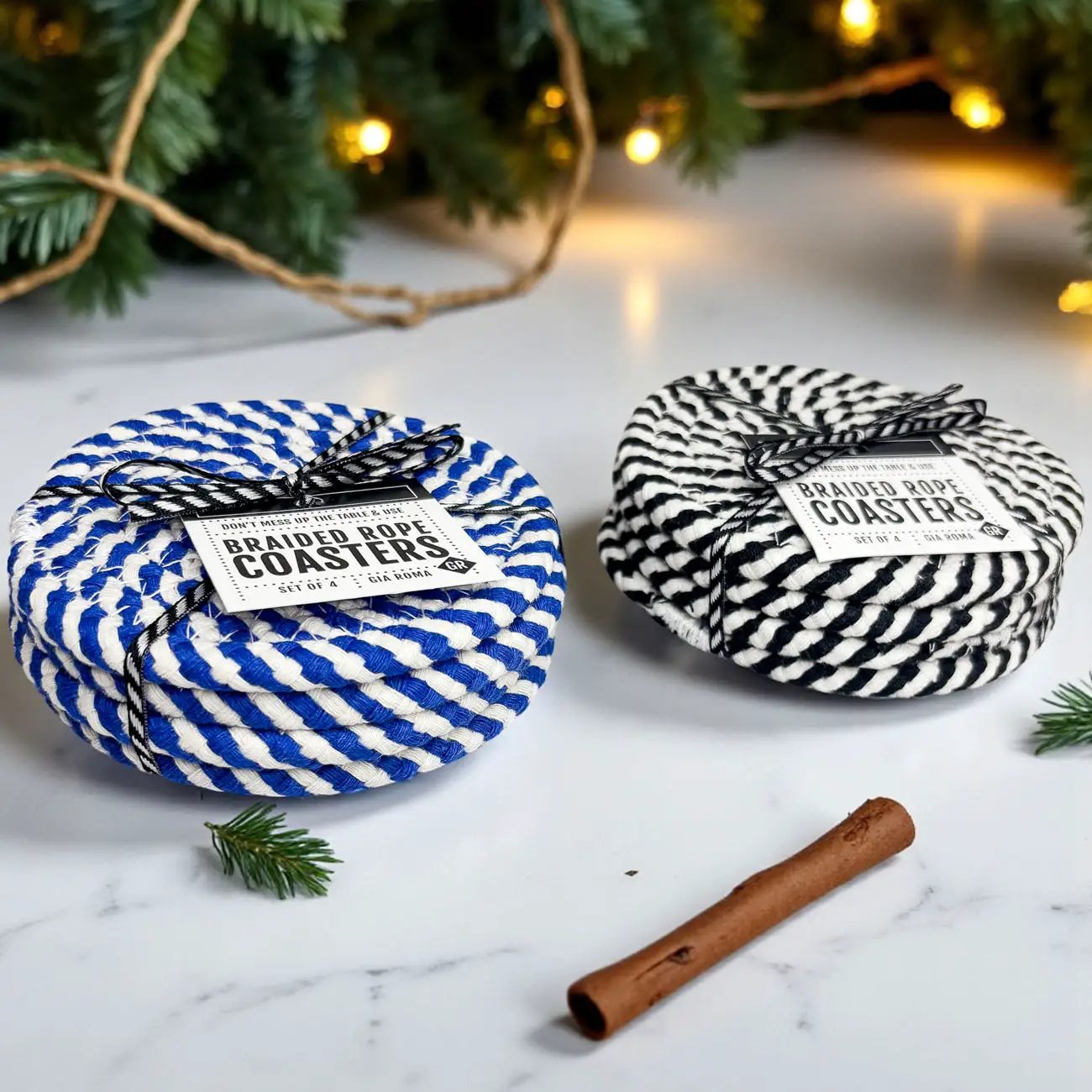 Blue and White Braided Rope Coasters Set of 4