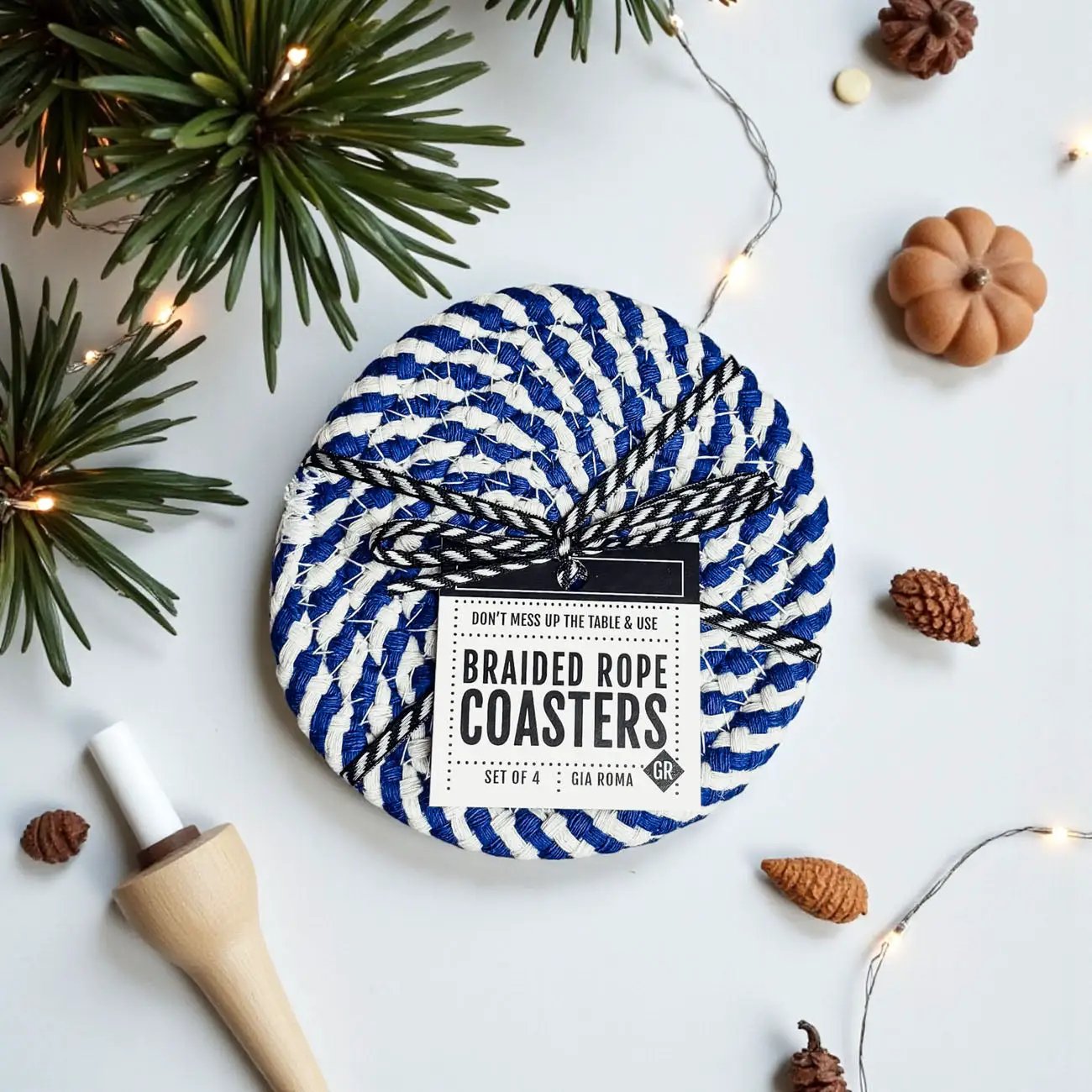 Blue and White Braided Rope Coasters Set of 4