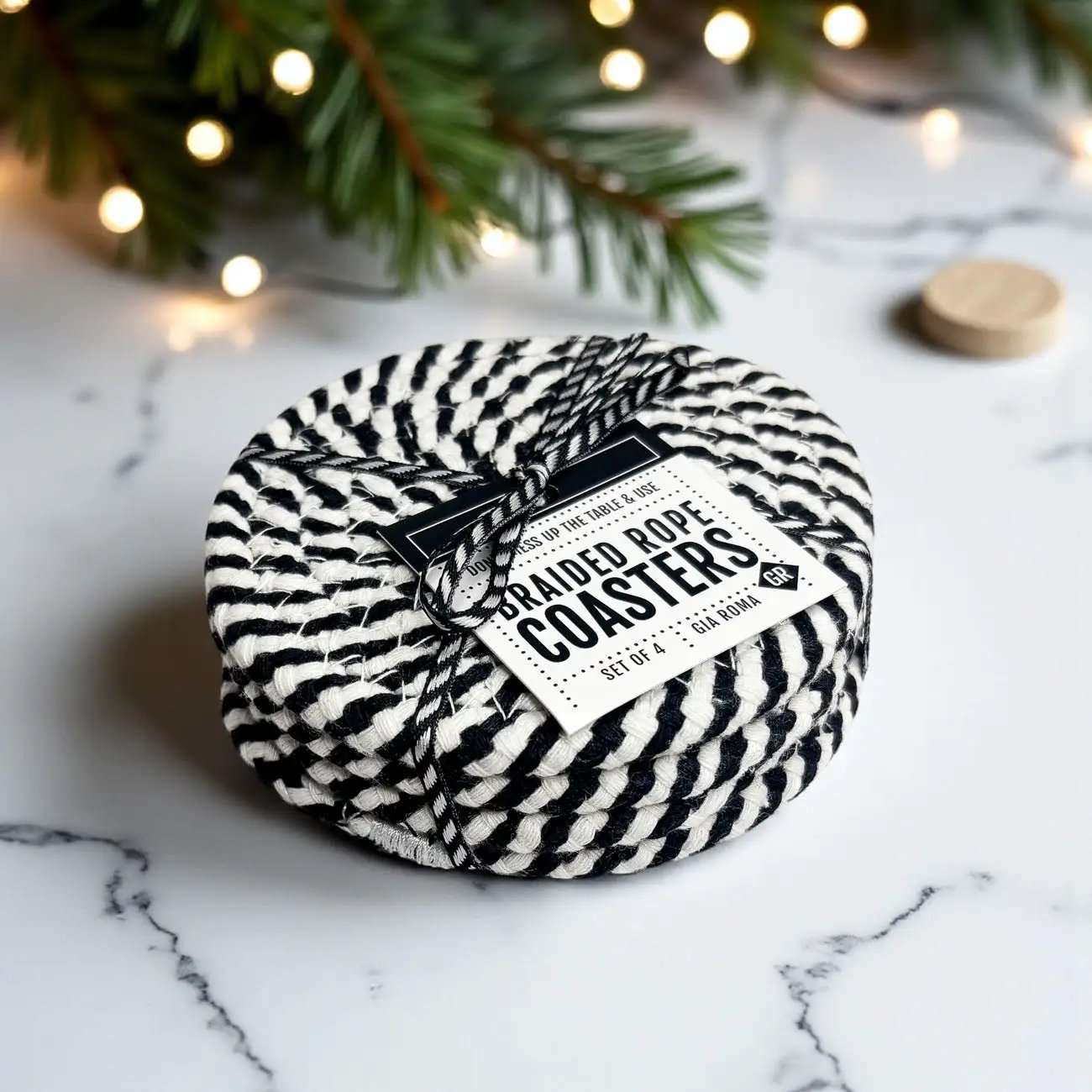 Black White Braided Rope Coasters Set of Four