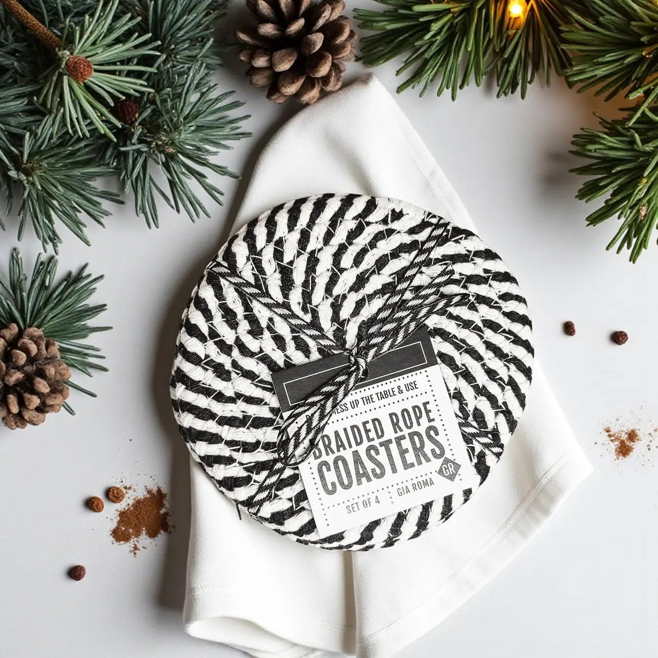 Black White Braided Rope Coasters Set of Four