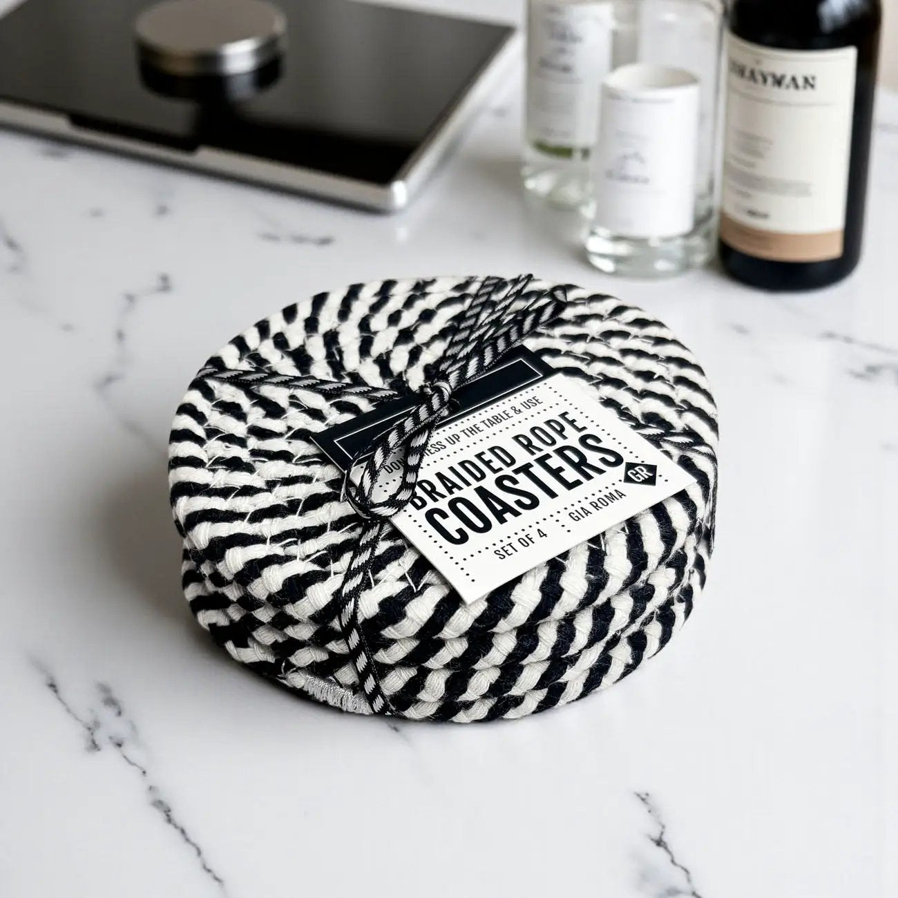 Black White Braided Rope Coasters Set of Four