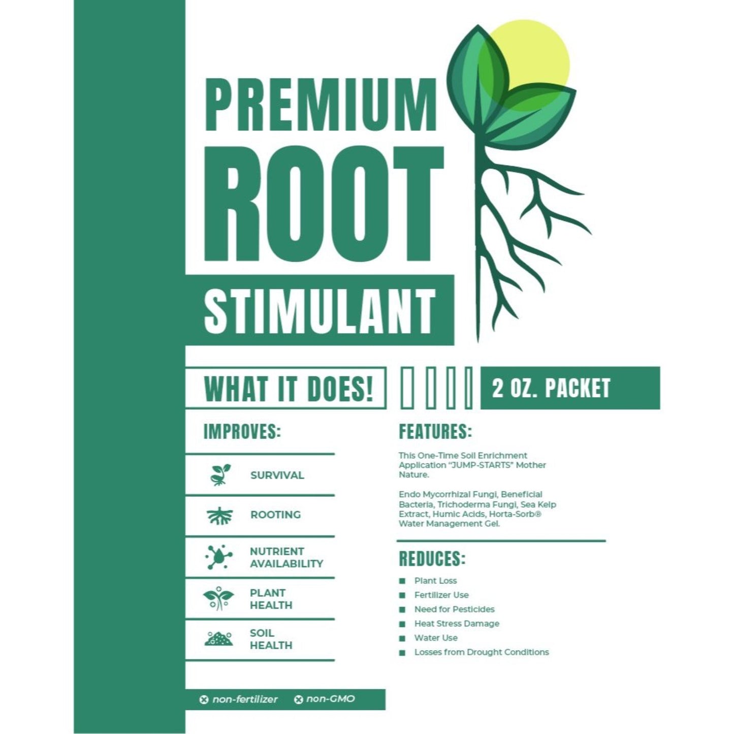 Premium Root Stimulant label in green with plant roots design by Live Good Logistics on Tampa Home & Garden Store