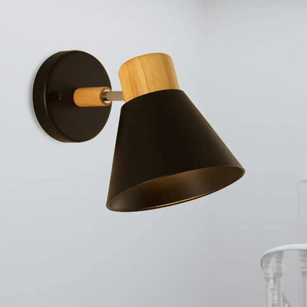 Wall sconce Decorbites black conical shade with wood accent on round wall mount on Tampa Home & Garden Store