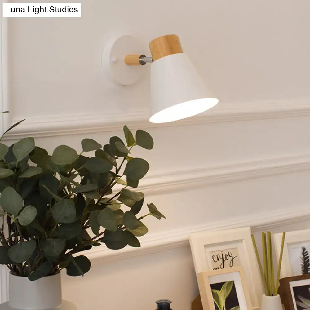 White and wood conical wall mount light sconce for bedroom, wall fixture with wood accent on Tampa Home & Garden Store