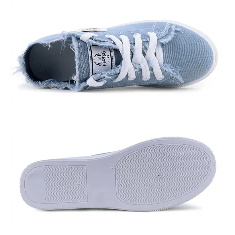 Stevvex white canvas women's sneakers in distressed blue denim with white laces top view on Tampa Home & Garden Store