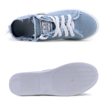 Stevvex white canvas women's sneakers in distressed blue denim with white laces top view on Tampa Home & Garden Store