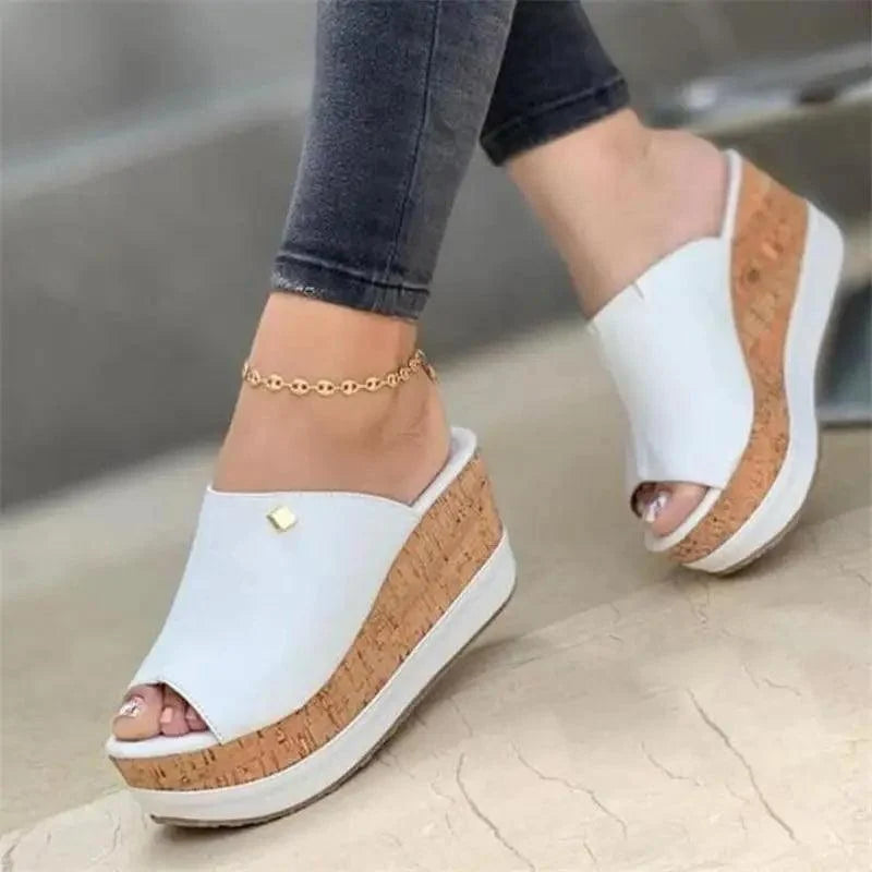 White Stevvex wedge sandals with cork platform and peep toe, mule-style ST12100JKI on Tampa Home & Garden Store