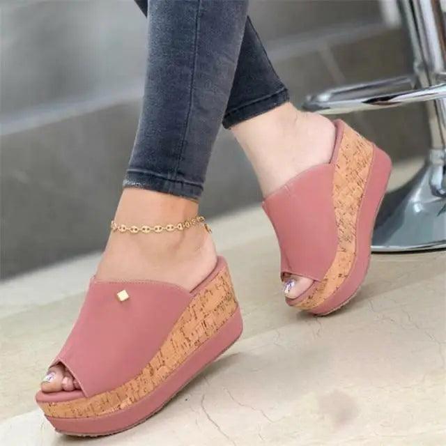 Pink peep-toe wedge sandals with cork platform on Tampa Home & Garden Store