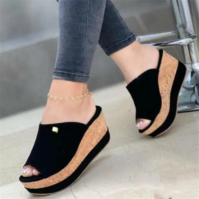 Stevvex ST12100JKI black peep-toe cork wedge sandals platform heel on Tampa Home & Garden Store