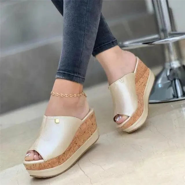 Stevvex white peep-toe cork wedge sandals with metallic gold upper pair on Tampa Home & Garden Store