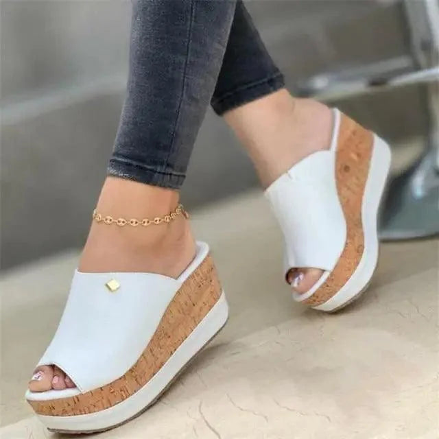 Stevvex white peep-toe wedge sandals with cork platform, gold square accent, slip-on mule on Tampa Home & Garden Store