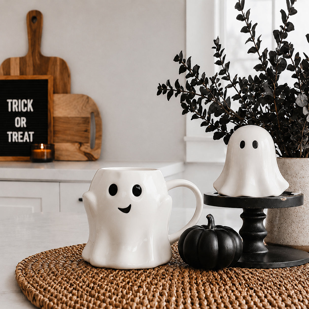 Ghost Mug pair by Gia Roma ceramic coffee mugs with smiling ghost faces for seasonal decor on Tampa Home & Garden Store