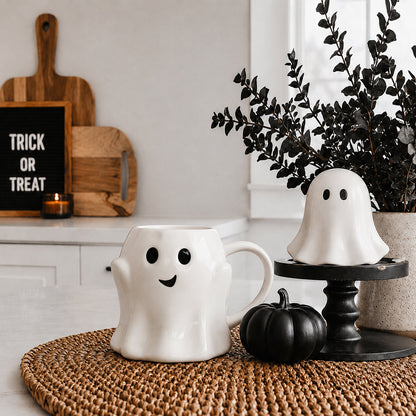 Ghost Mug pair by Gia Roma ceramic coffee mugs with smiling ghost faces for seasonal decor on Tampa Home & Garden Store