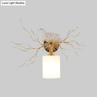 1-Head White Glass Wall Lamp for Bedroom - Loft Cylinder Lighting with Bird Accent