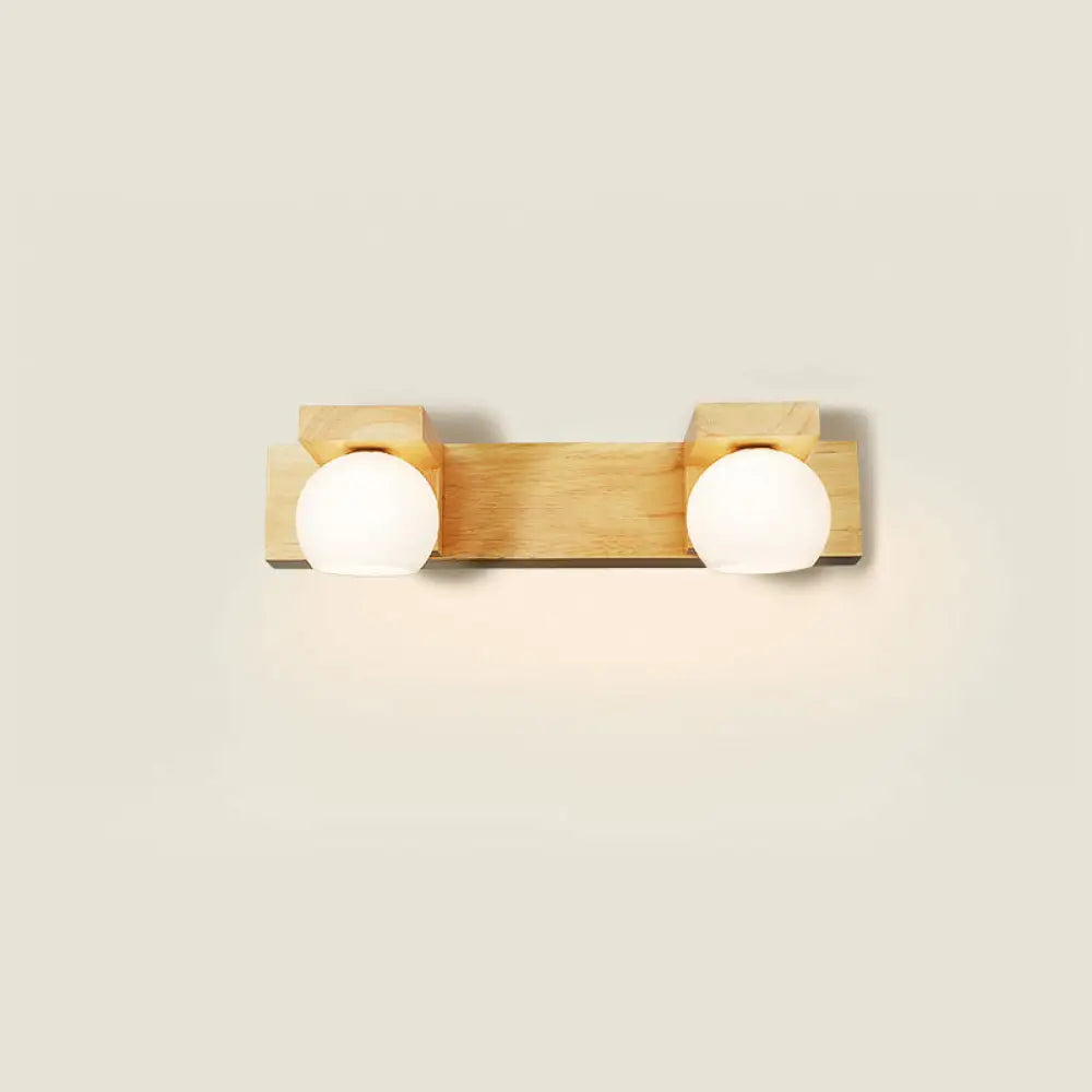 Lámpara de tocador LED de cristal blanco con placa trasera de madera - Aplique de pared con forma de globo simple para baño