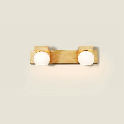 Lámpara de tocador LED de cristal blanco con placa trasera de madera - Aplique de pared con forma de globo simple para baño