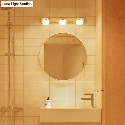Lámpara de tocador LED de cristal blanco con placa trasera de madera - Aplique de pared con forma de globo simple para baño