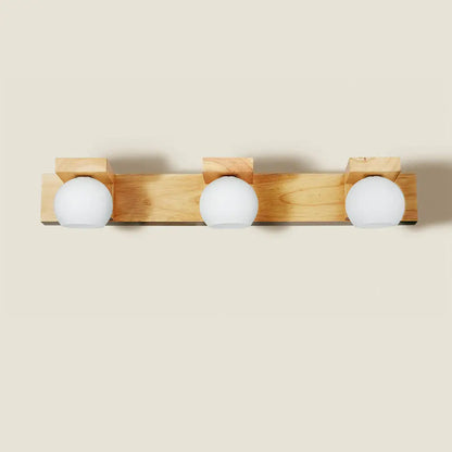Lámpara de tocador LED de cristal blanco con placa trasera de madera - Aplique de pared con forma de globo simple para baño