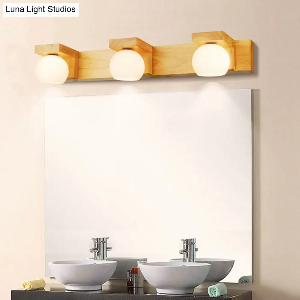 Lámpara de tocador LED de cristal blanco con placa trasera de madera - Aplique de pared con forma de globo simple para baño