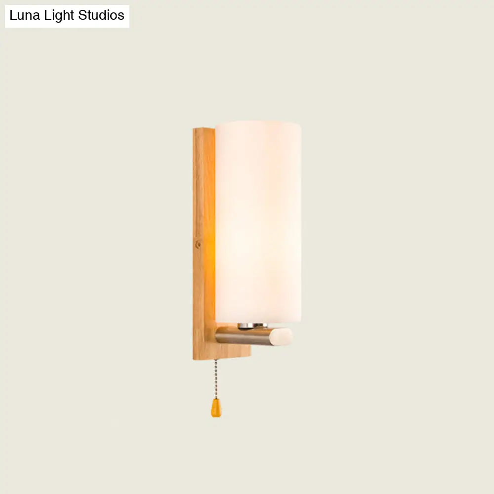 White Glass Wall Sconce - Cylindrical Bedside Light with Pull Chain