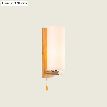 White Glass Wall Sconce - Cylindrical Bedside Light with Pull Chain