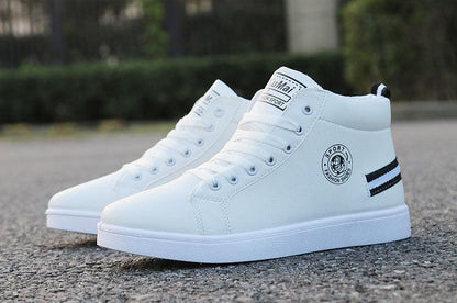 White Stevvex high-top sneakers with lace-up leather-like upper and side logo for men on Tampa Home & Garden Store