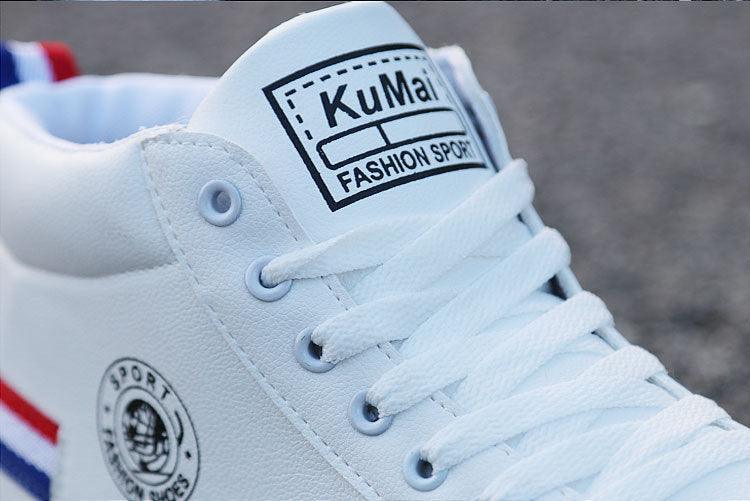 White high-top plush sneakers with lace-up, KuMa logo on tongue, Stevvex sneakers on Tampa Home & Garden Store