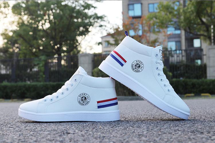 Stevvex white leather high-top sneakers with logo patch and red-blue heel stripes on Tampa Home & Garden Store