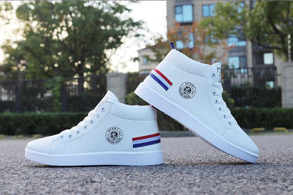 Stevvex white leather high-top sneakers with logo patch and red-blue heel stripes on Tampa Home & Garden Store