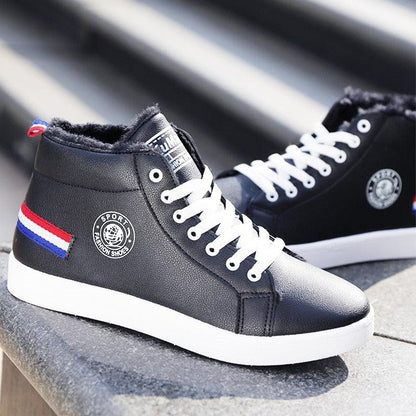 Stevvex men's black leather high-top sneakers with plush lining, white laces, pair Tampa on Tampa Home & Garden Store